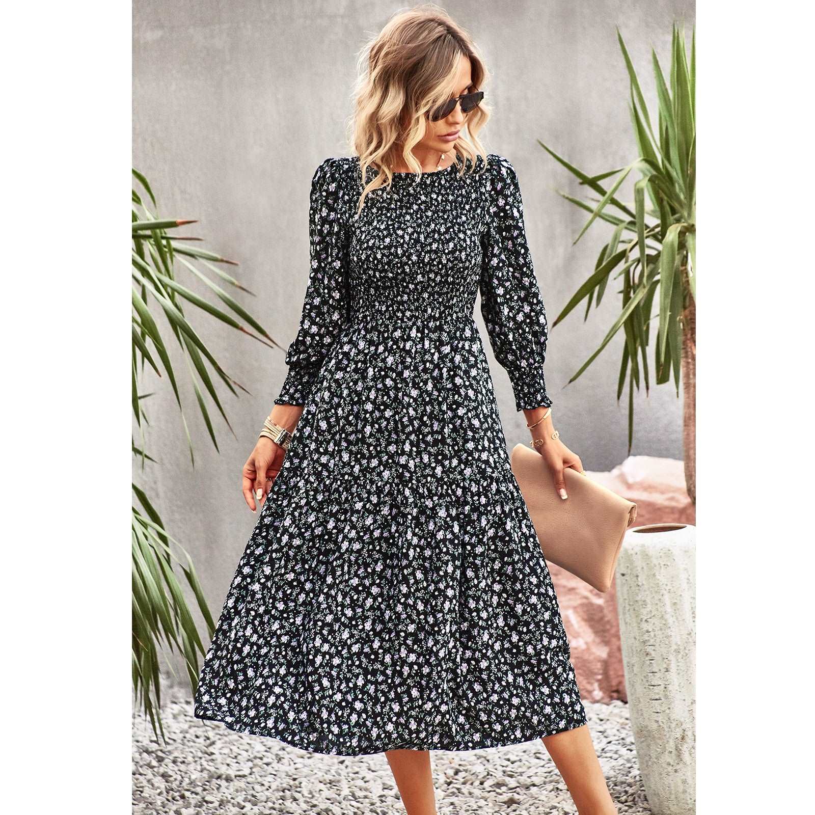 Women's Casual Long Sleeve Floral Dress Crewneck A-Line Mid Length Dress