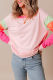 Pink Colorblock Patchwork Long Sleeve Loose Top