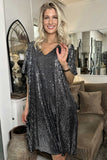 Dark Grey Sequin V Neck Dolman Sleeve Shift Dress