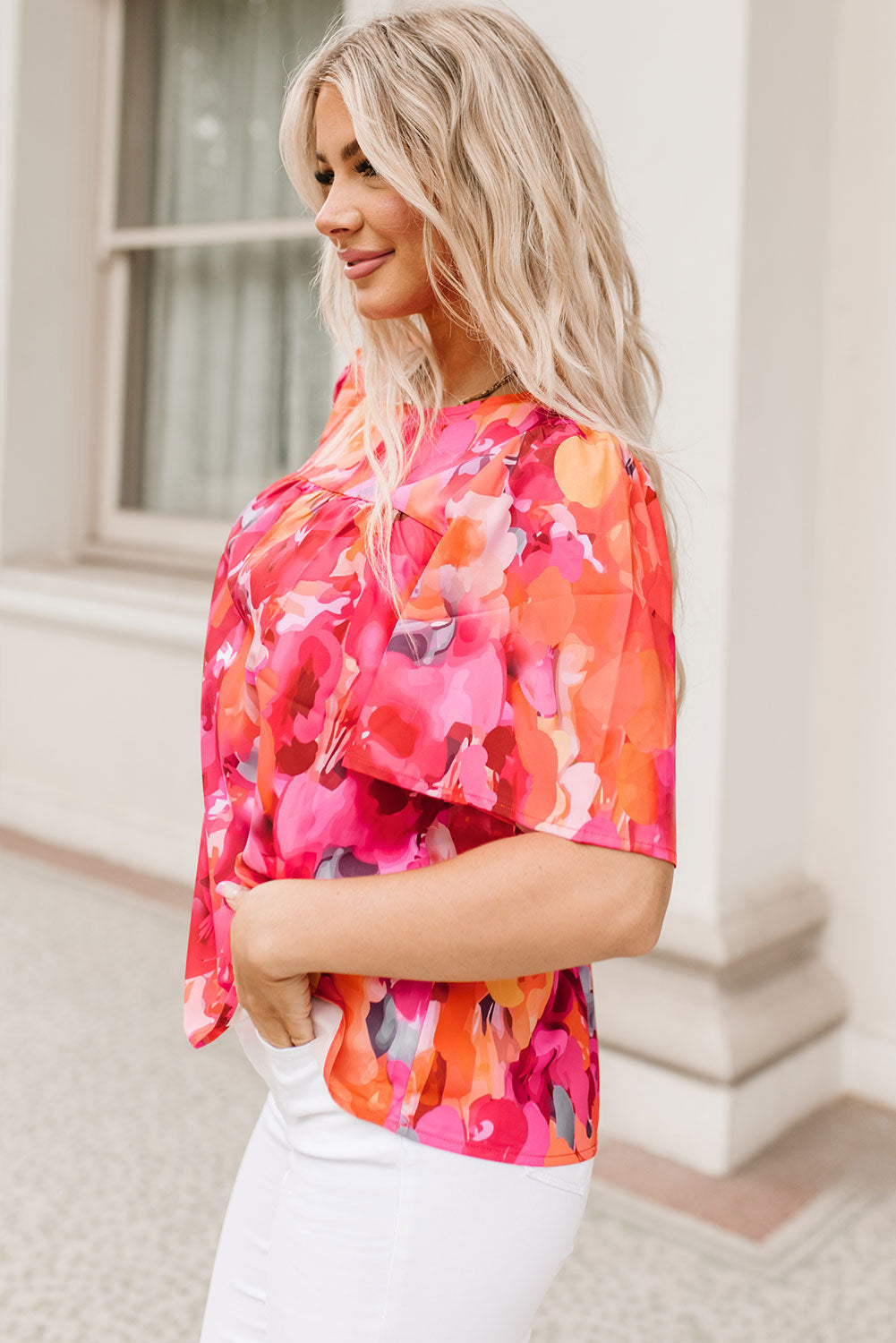 Fiery Red Floral Print Wide Sleeve Blouse