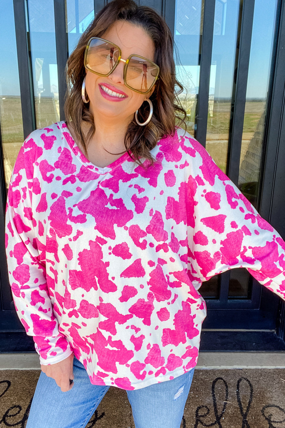 Rose Animal Print Long Sleeve V Neck Plus Size Top