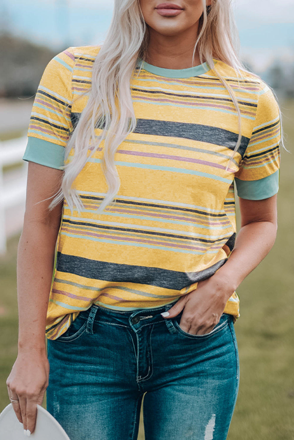 Multicolor Stripes Crew Neck T Shirt