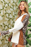 White Leopard Color Block Patchwork Split Neck Long Sleeve Top