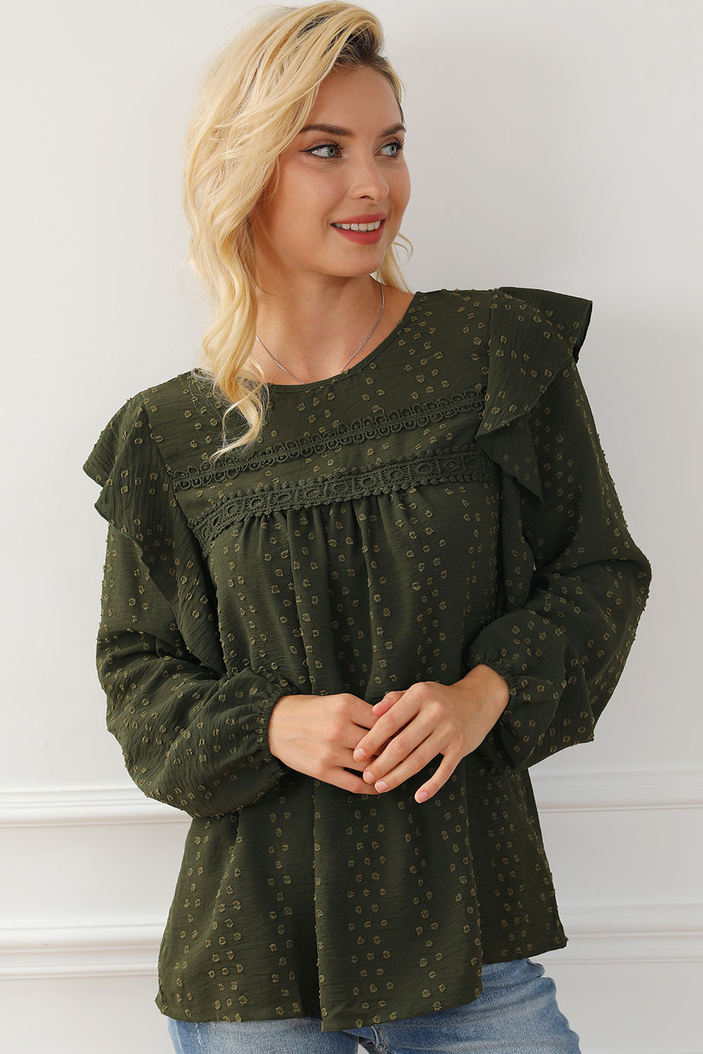 Blackish Green Lace Eyelet Ruffle Shoulder Long Sleeve Blouse