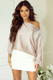 Apricot Asymmetrical Neck Balloon Sleeve Satin Blouse