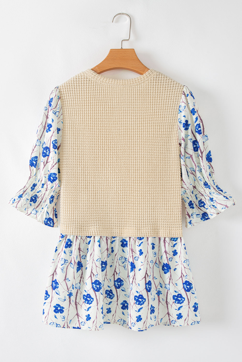 Beige Waffle Floral Patchwork Short Flounce Sleeve Peplum Blouse