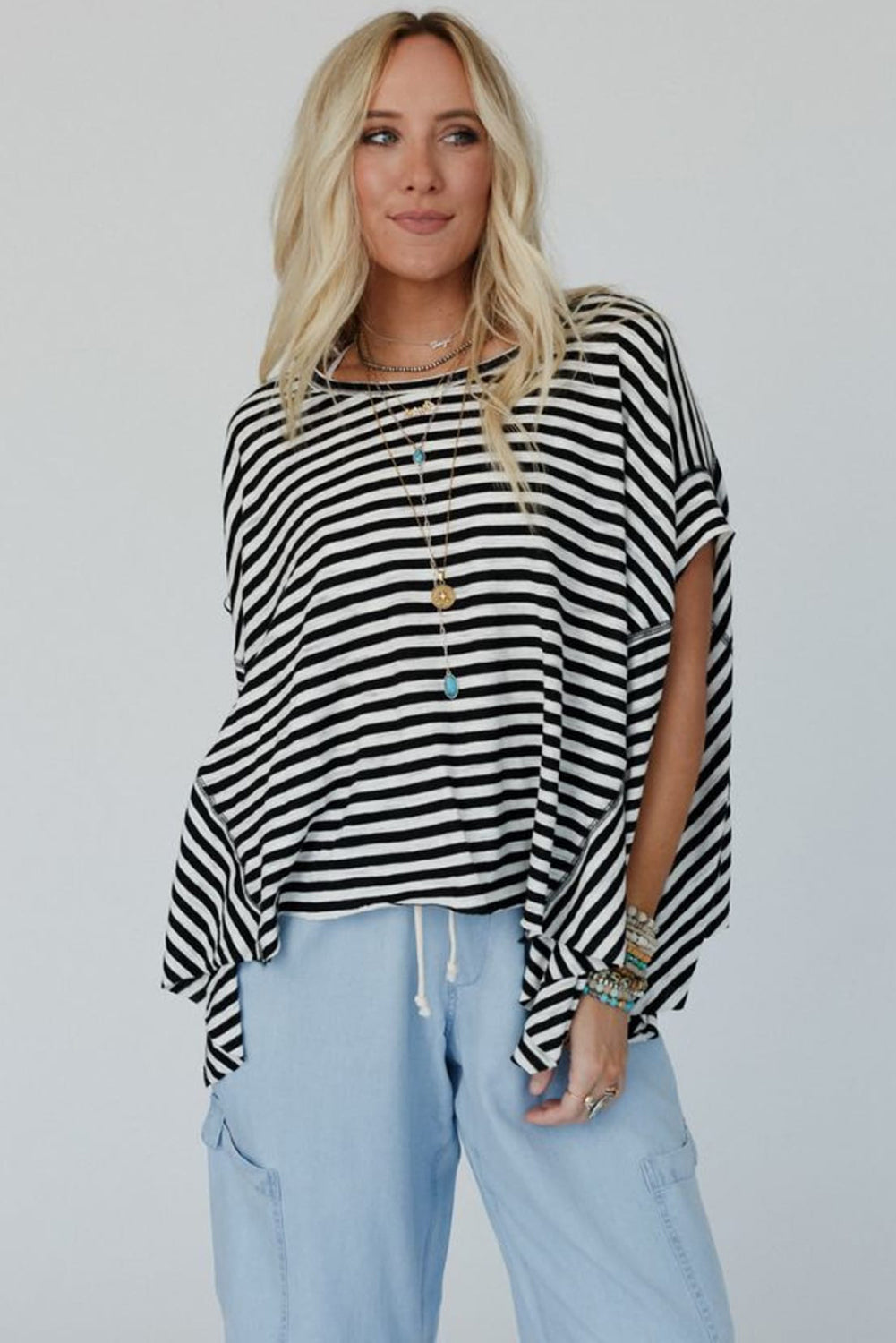 Black Stripe Batwing Sleeve Crewneck Oversized Top