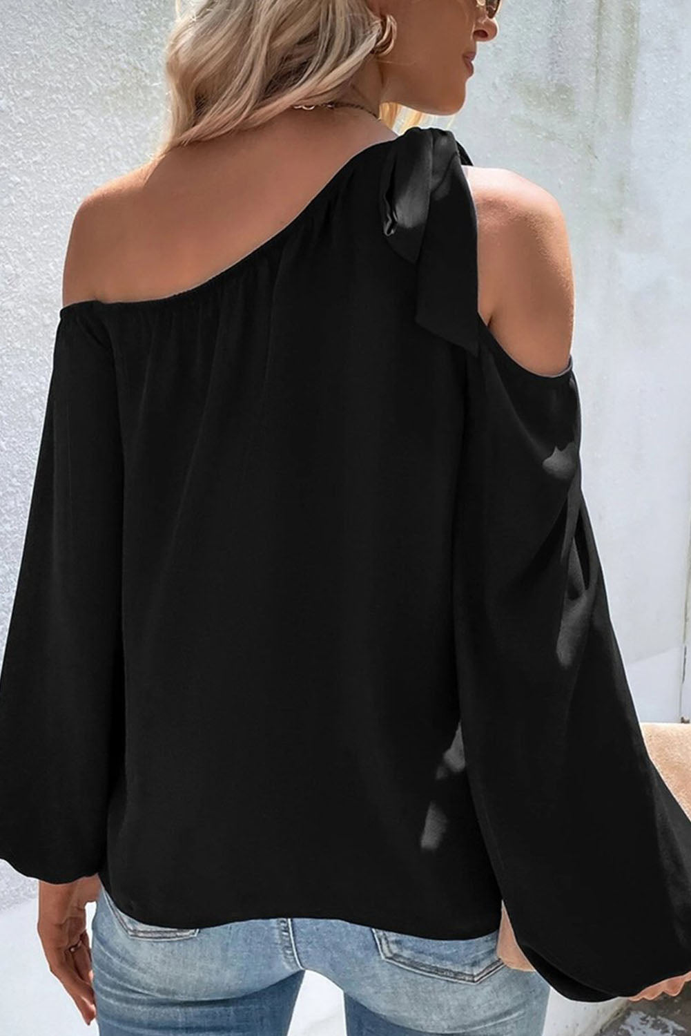 Black Knotted Asymmetric Off Shoulder Blouse