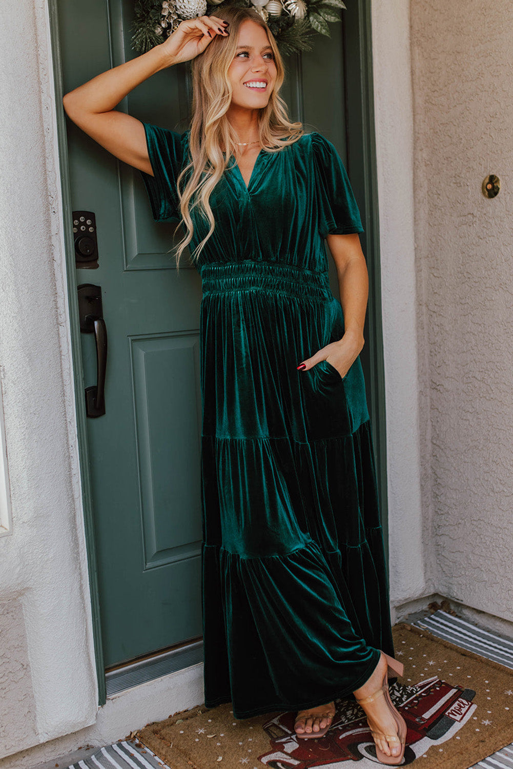 Evergreen Velvet Short Sleeve Shirred Waist Tiered Maxi Dress