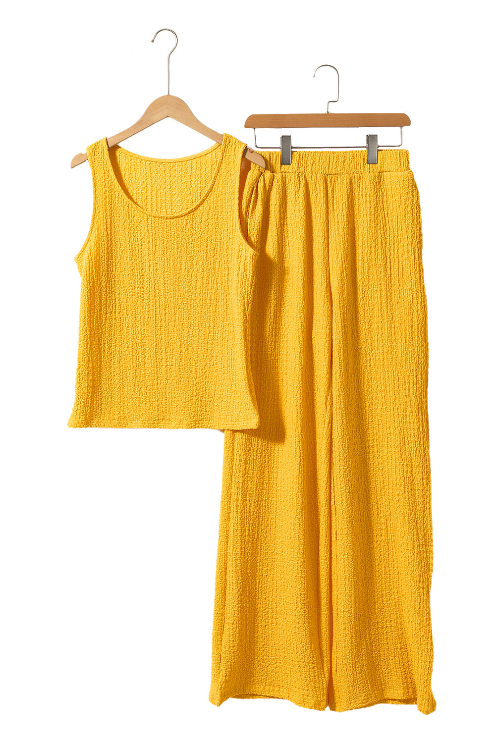 Yellow Crinkled U Neck Tank Top and Wide Leg Pants Set