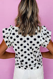 White Polka Dot Print Ruffled Sleeve V Neck Blouse