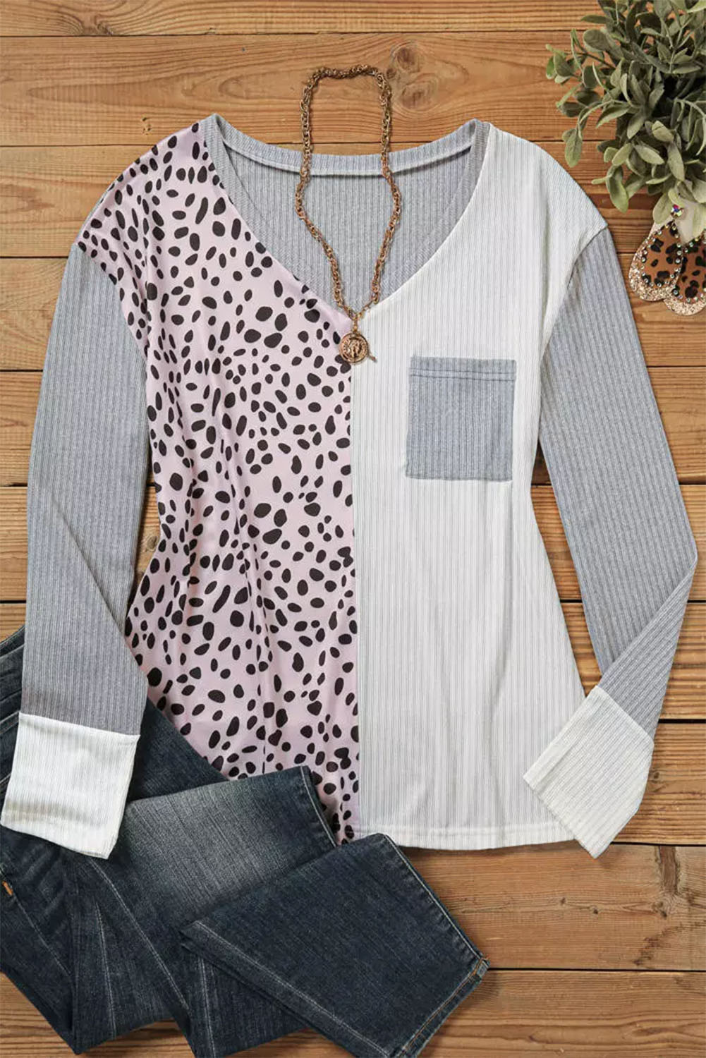 Leopard Patchwork Ribbed Color Block V Neck Top