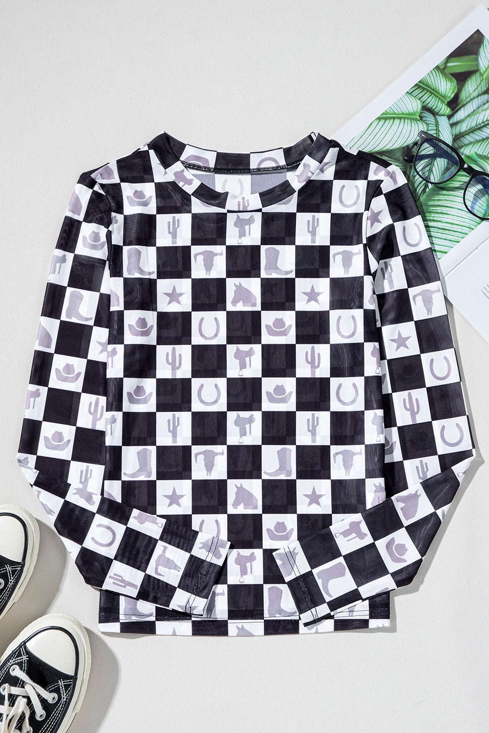 Black Checkerboard Western Elements Printed Mesh Long Sleeve Top