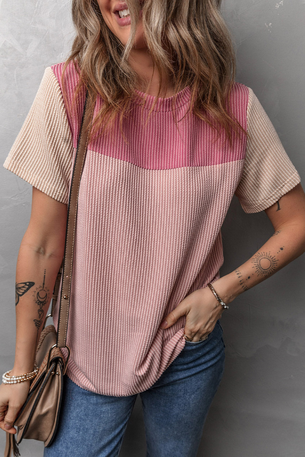 Pink Rib Textured Colorblock T Shirt