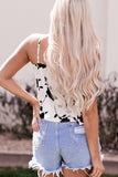 White Floral Shading Print Button Tie Front Tank Top