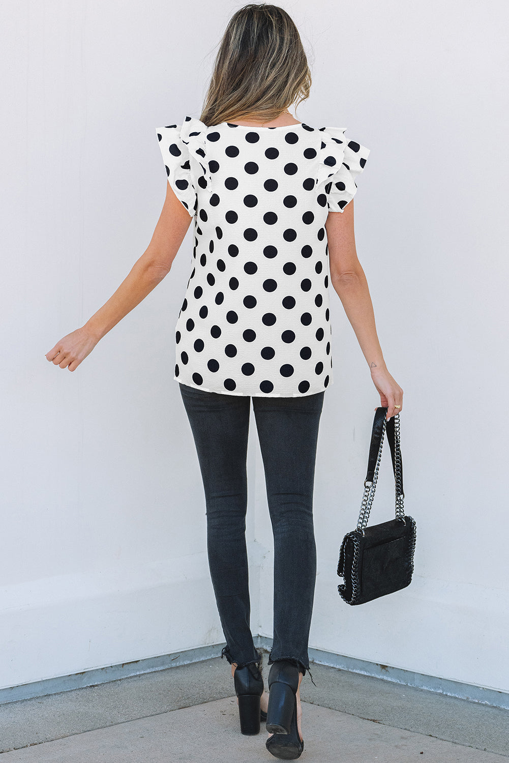 White Polka Dot Print Ruffled Sleeve V Neck Blouse