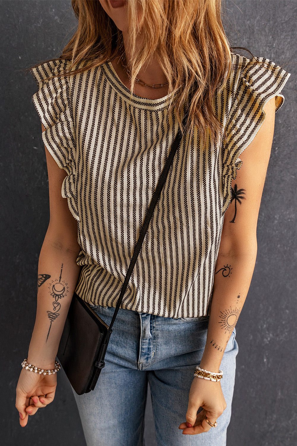 Khaki Striped Crew Neck Ruffled Tank Top