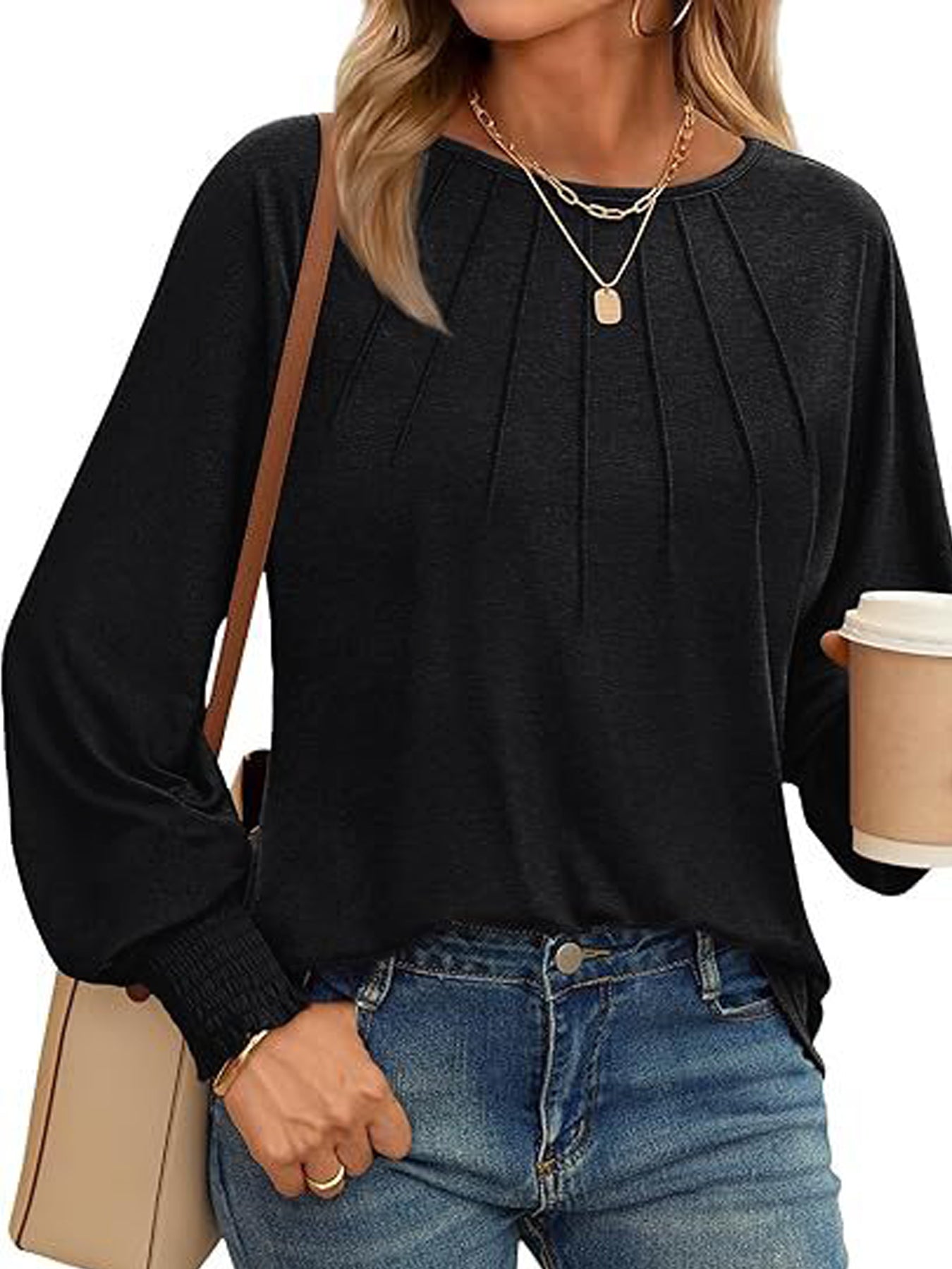 Women's Tunic Tops Pleated Crew Neck Shirts