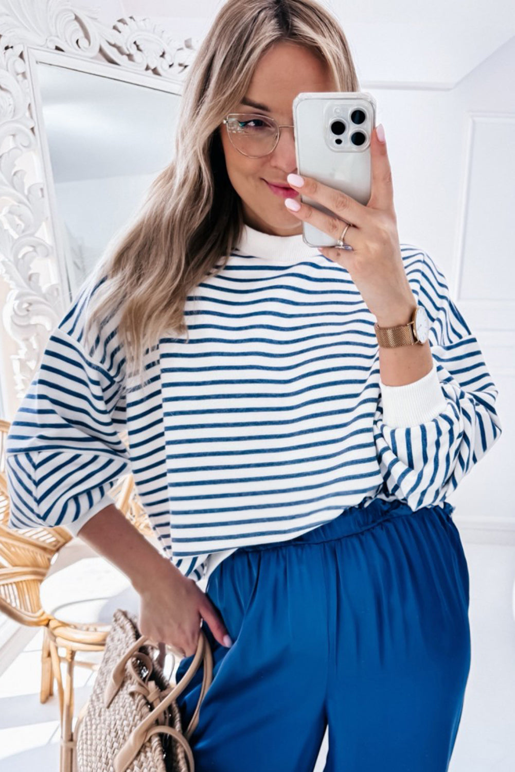 Blue Stripe Drop Shoulder Crew Neck Loose Sweatshirt