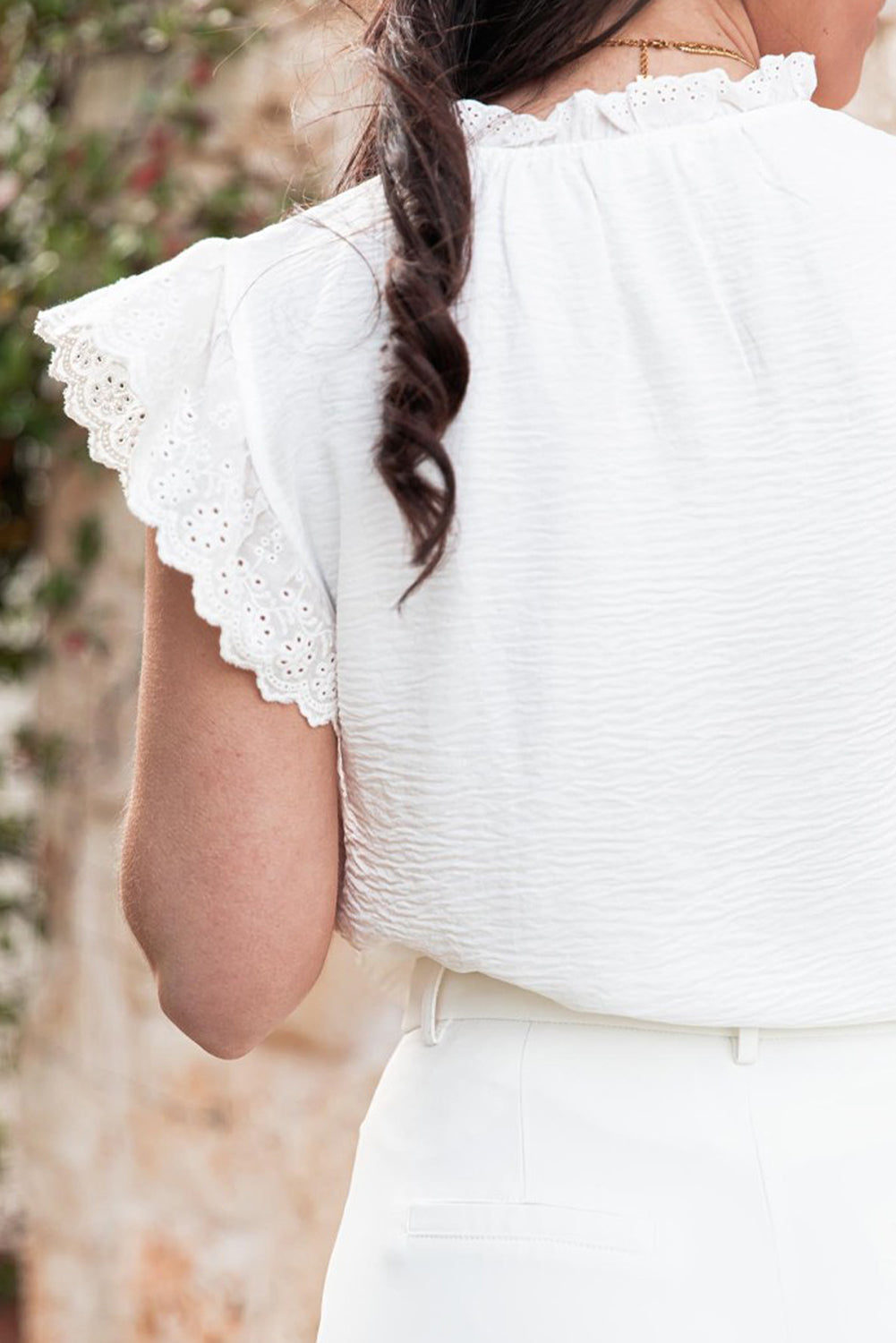 White Embroidered Ruffle Trim Textured Blouse