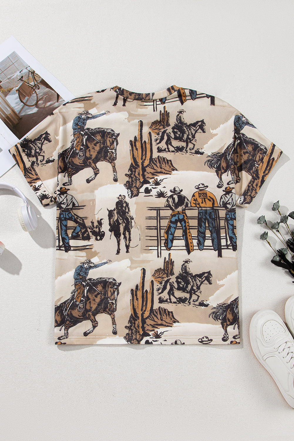 Khaki Western Cowboy Print Cuffed Sleeve Crewneck T Shirt