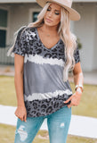 Gray Tie Dye Leopard Patchwork Short Sleeve Top