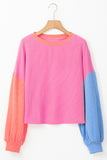 Rose Red Corded Colorblock Patchwork Drop Shoulder Long Sleeve Top