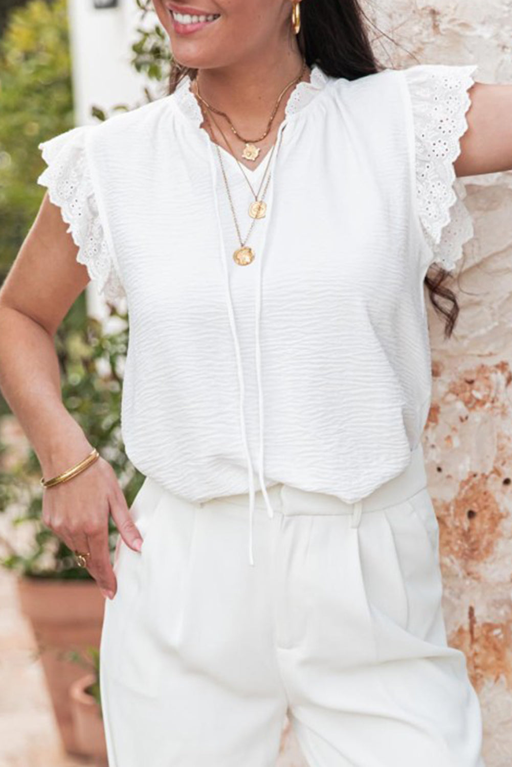 White Embroidered Ruffle Trim Textured Blouse