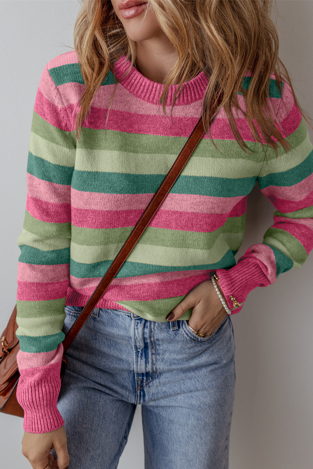 Women Color Block Ribbed Edge Round Neck Sweater