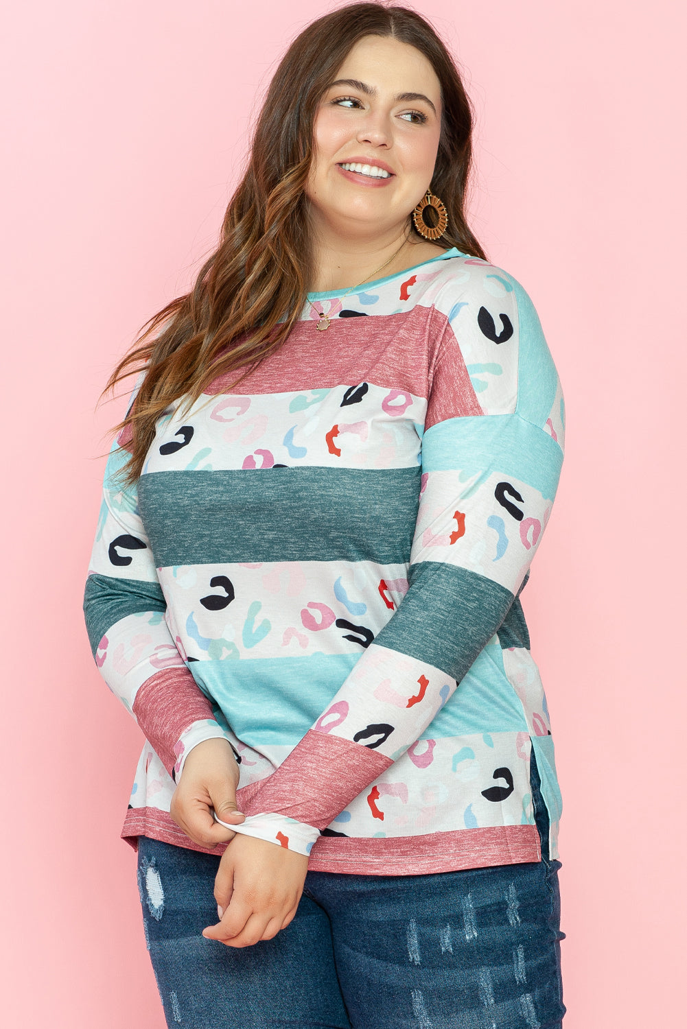 Sky Blue Stripe Plus Size Colorblock Pullover Top