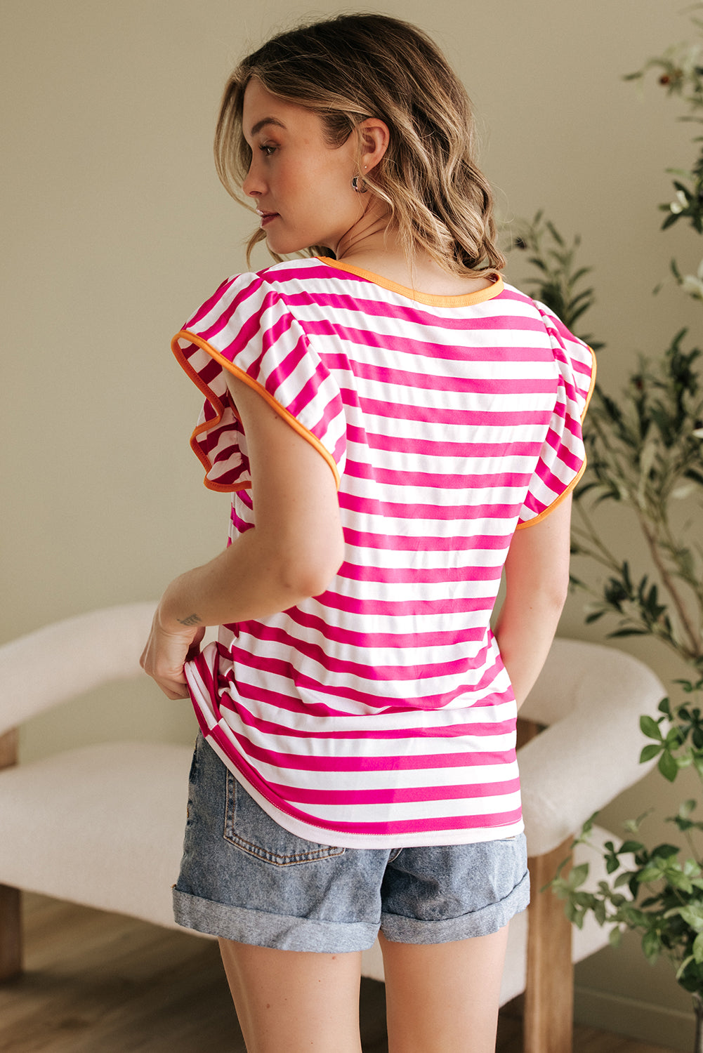 Rose Red Striped Ruffle Sleeve Crew Neck Blouse