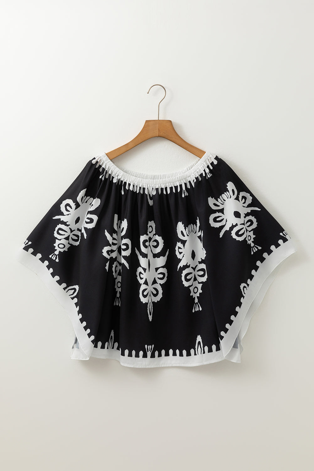 Black Tribal Printed Off Shoulder Loose Sleeve Blouse