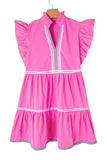 Strawberry Pink Ric Rac Colorblock Flutter Sleeve V Neck Tiered Dress