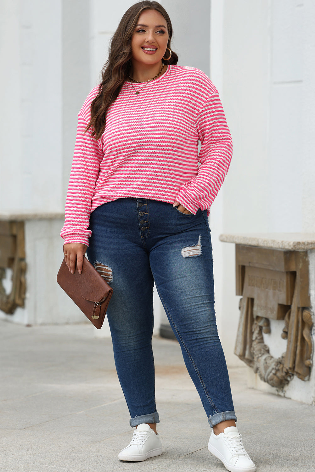 Rose Stripe Round Neck Drop Shoulder Long Sleeve Top