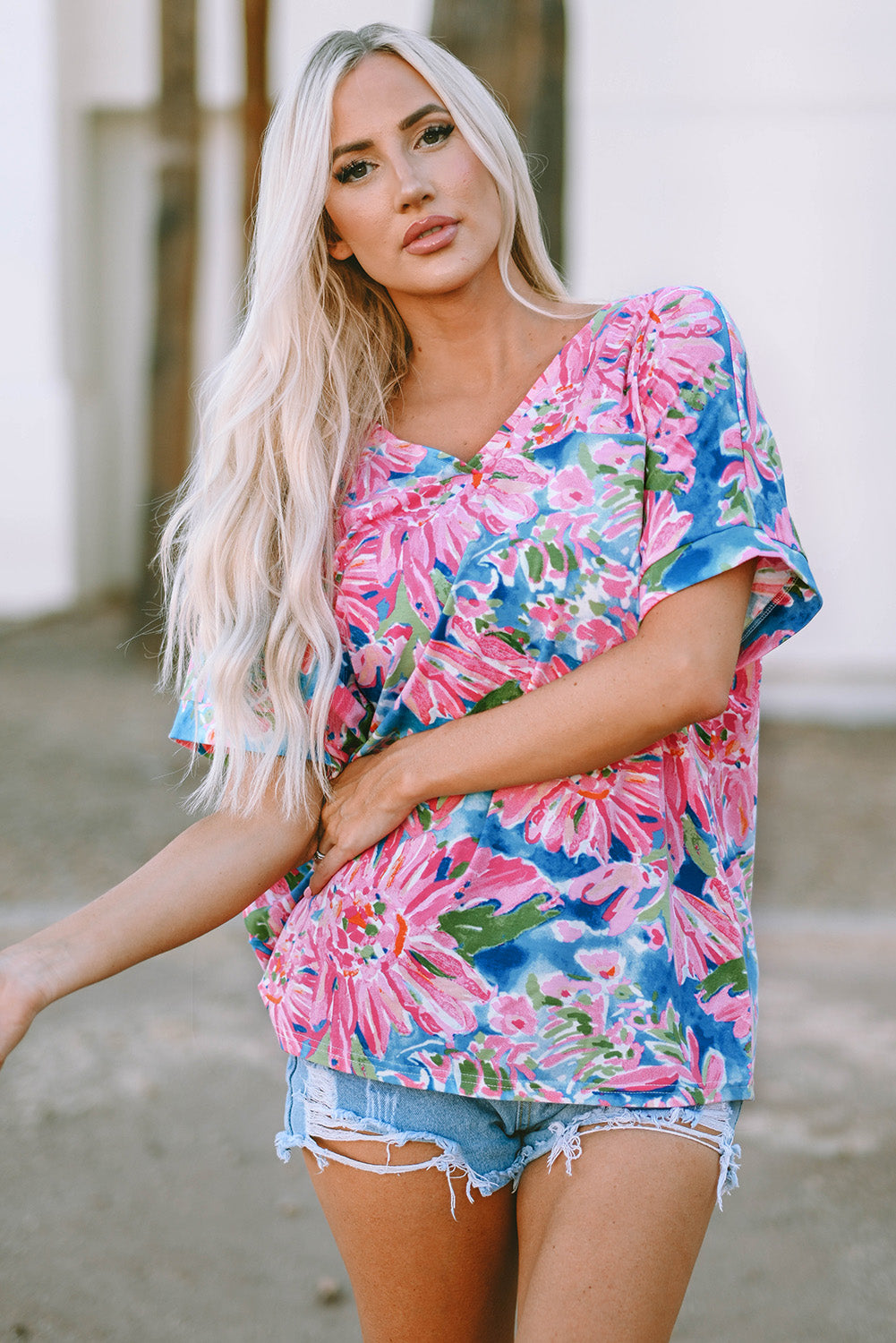 Pink Floral Print Loose Fit V Neck T Shirt