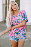 Pink Floral Print Loose Fit V Neck T Shirt