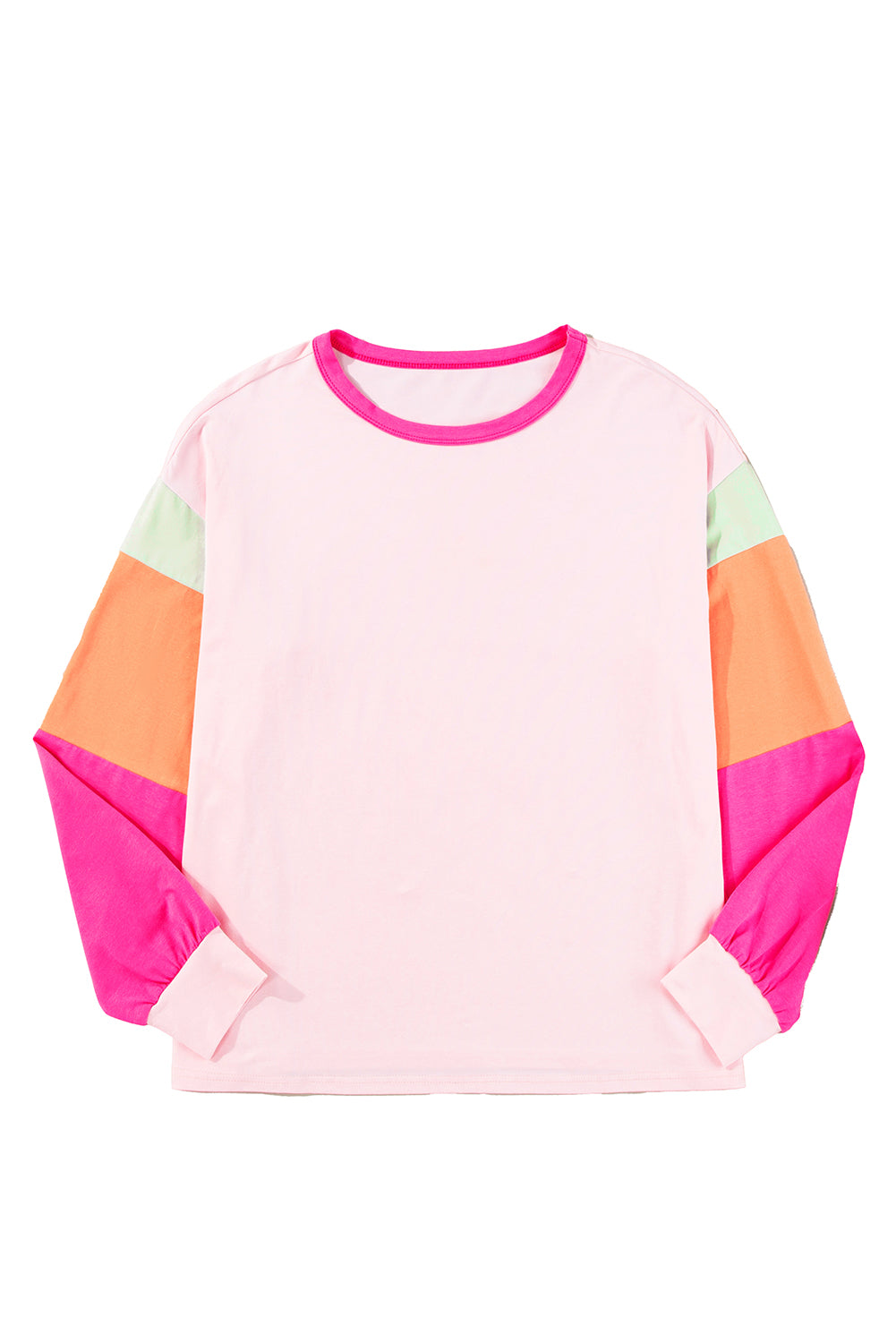 Pink Colorblock Patchwork Long Sleeve Loose Top