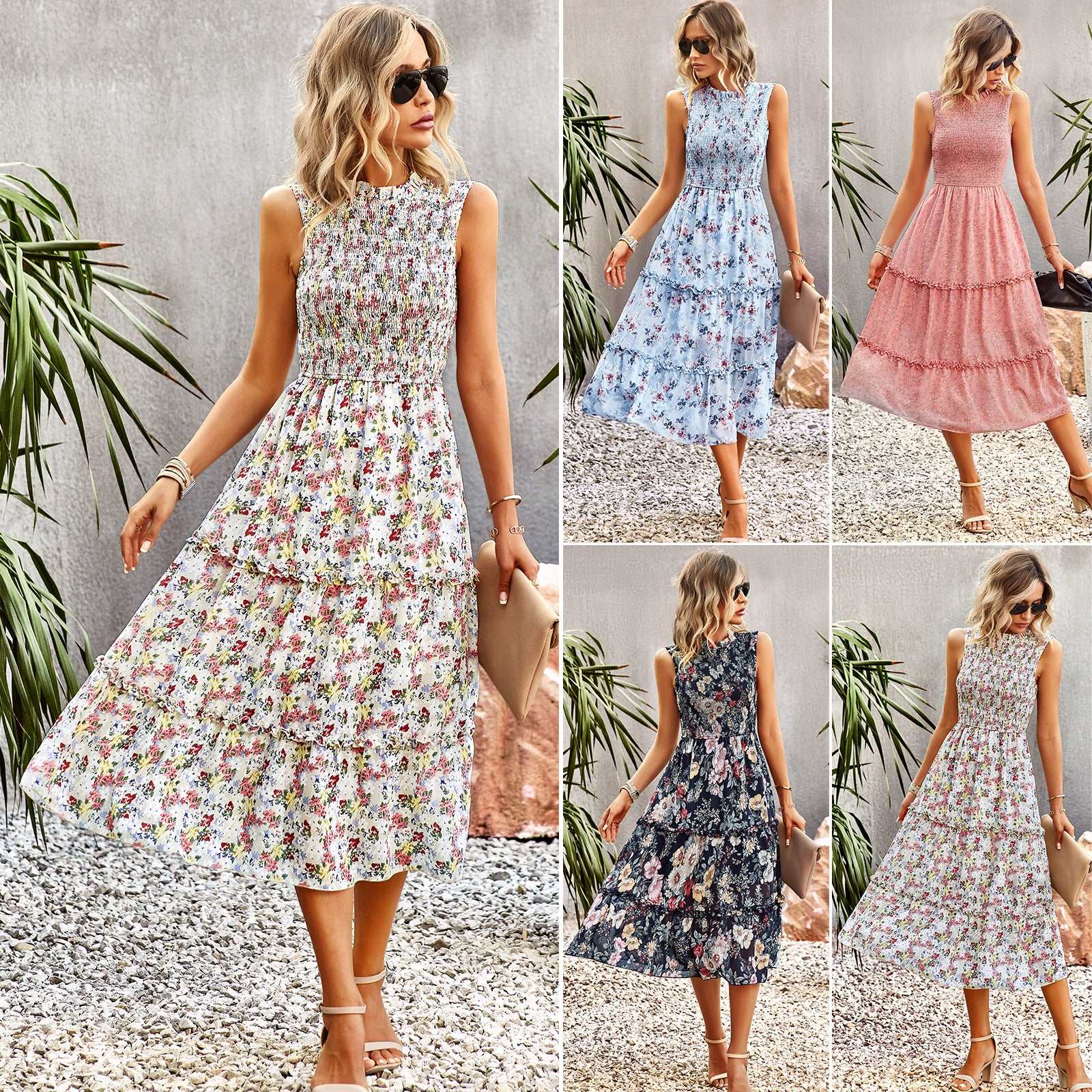 Women's Dresses Sleeveless Smocked Sundress Floral Ruffle Dress Tiered Swing Flowy A Line Summer Beach Midi Dress