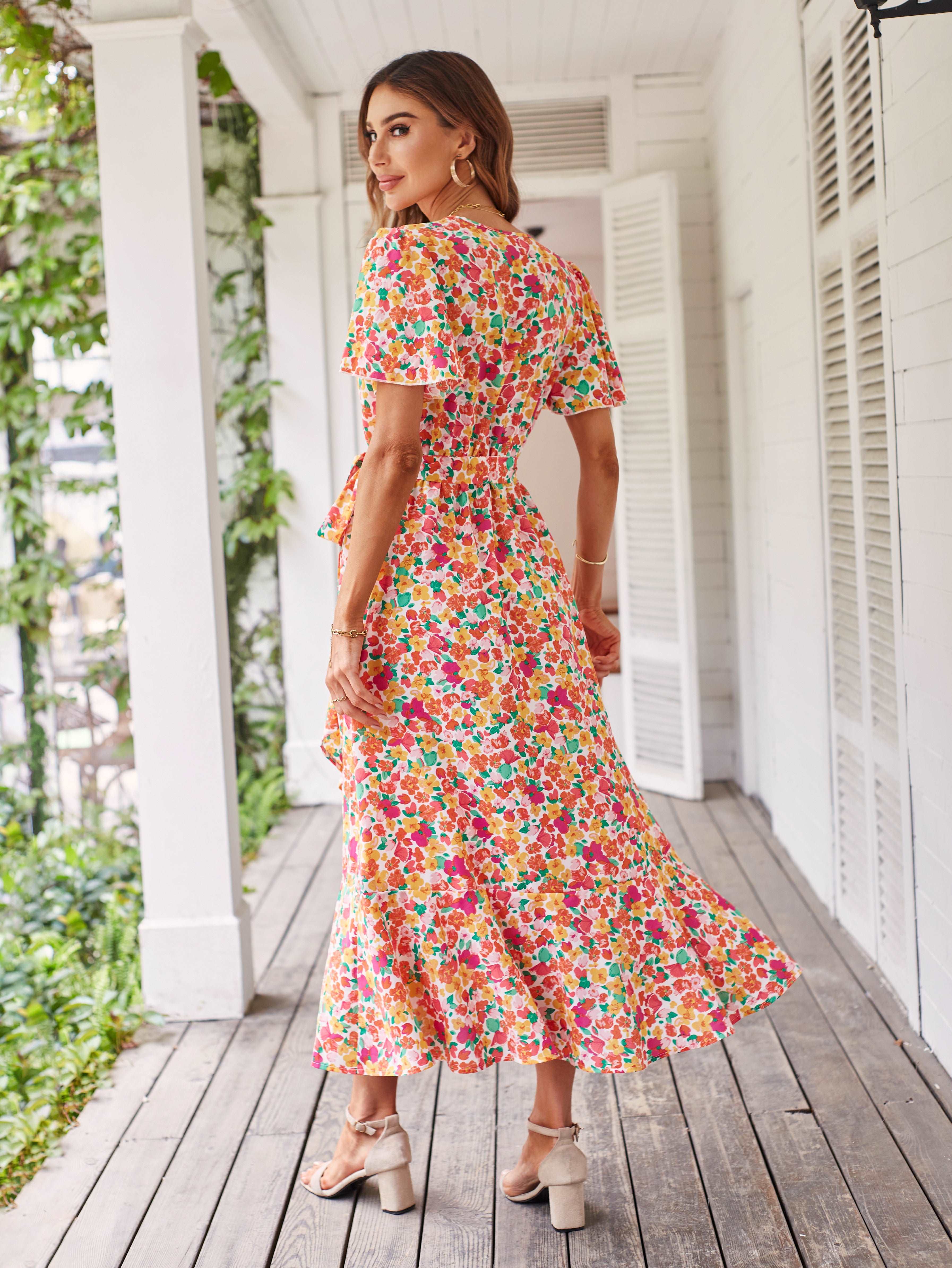 Women's Dresses Casual Summer Wrap V Neck Short Sleeve Belted Ruffle Hem A-Line Bohemian Maxi Dress