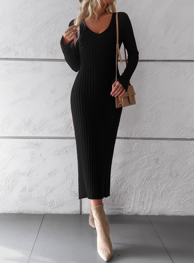 Women Casual V Neck Knit Sweater Dresses