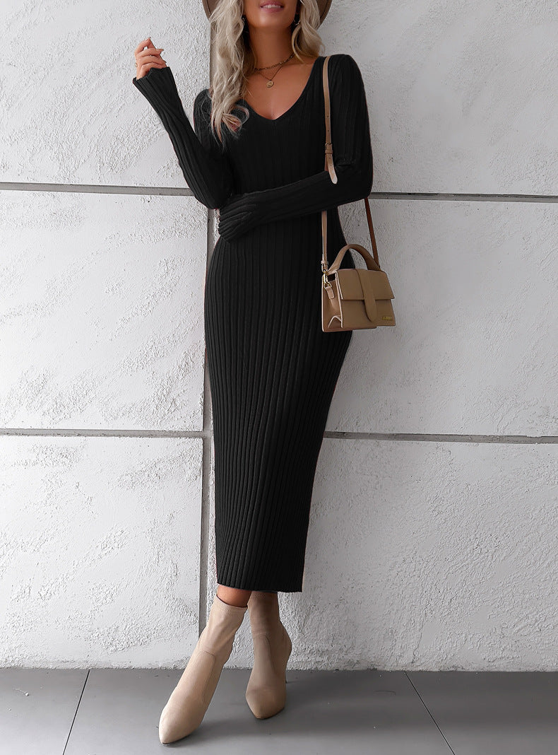 Women Casual V Neck Knit Sweater Dresses