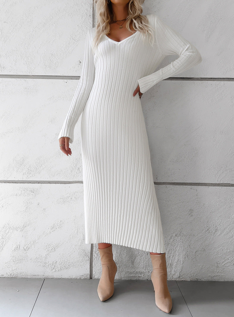 Women Casual V Neck Knit Sweater Dresses