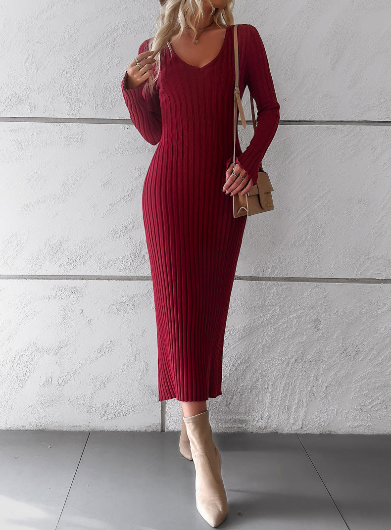 Women Casual V Neck Knit Sweater Dresses