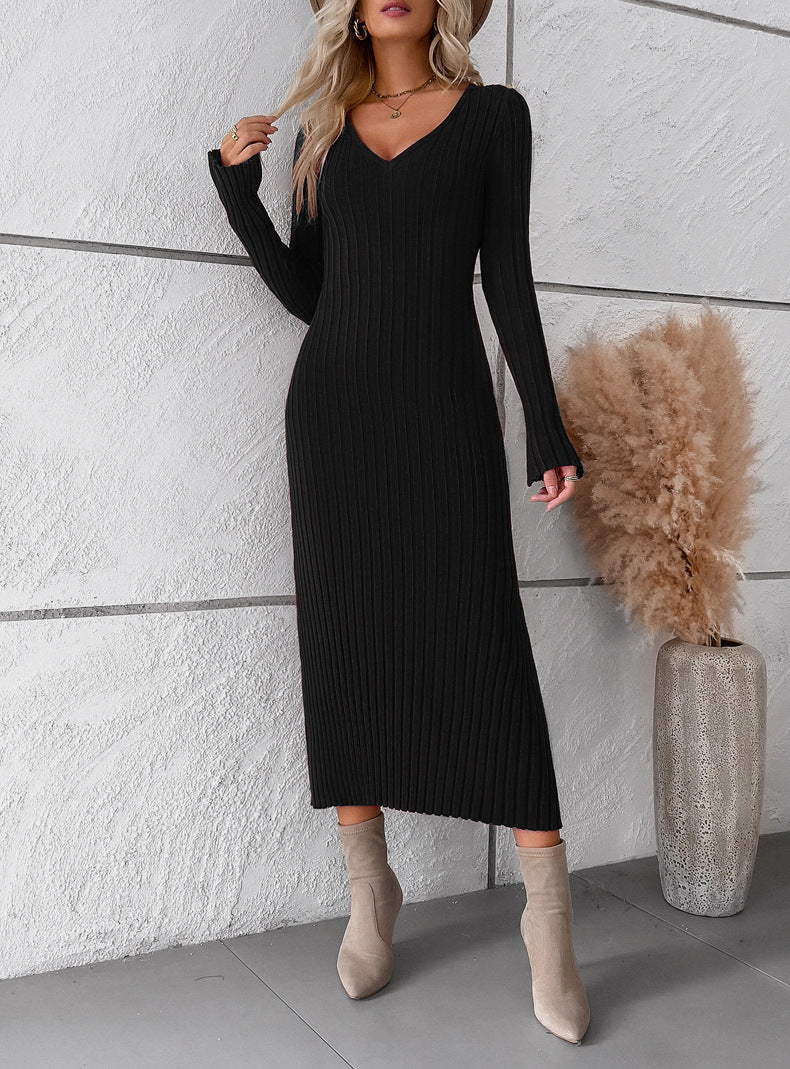 Women Casual V Neck Knit Sweater Dresses