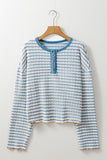 Stripe Textured Frilly Trim Henley Long Sleeve Top