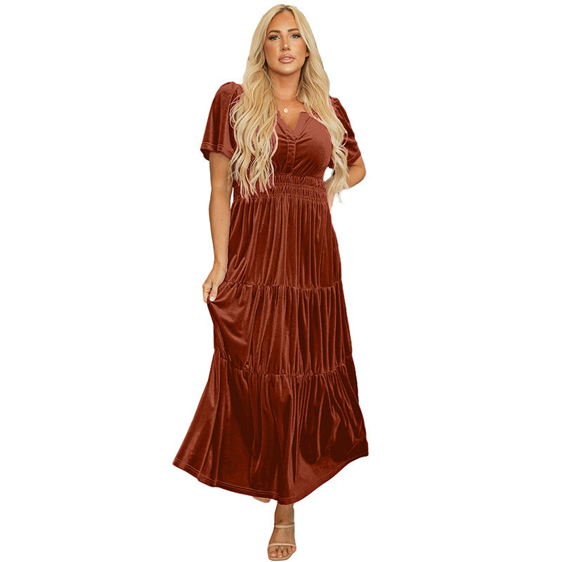 Women Short Sleeve Shirred Waist Tiered Maxi Dress