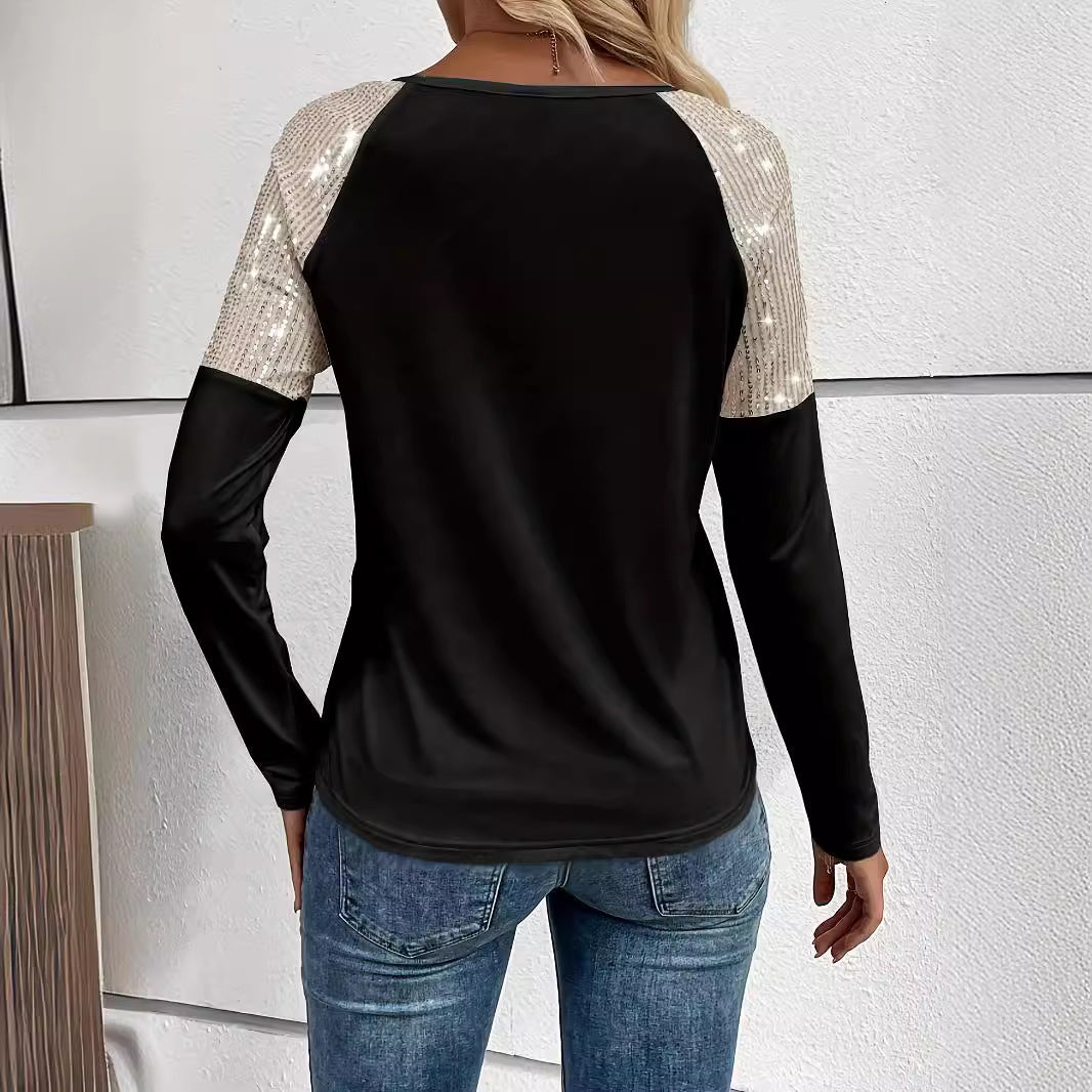 Women Splicing Sequin Tops Crewneck Long Sleeve