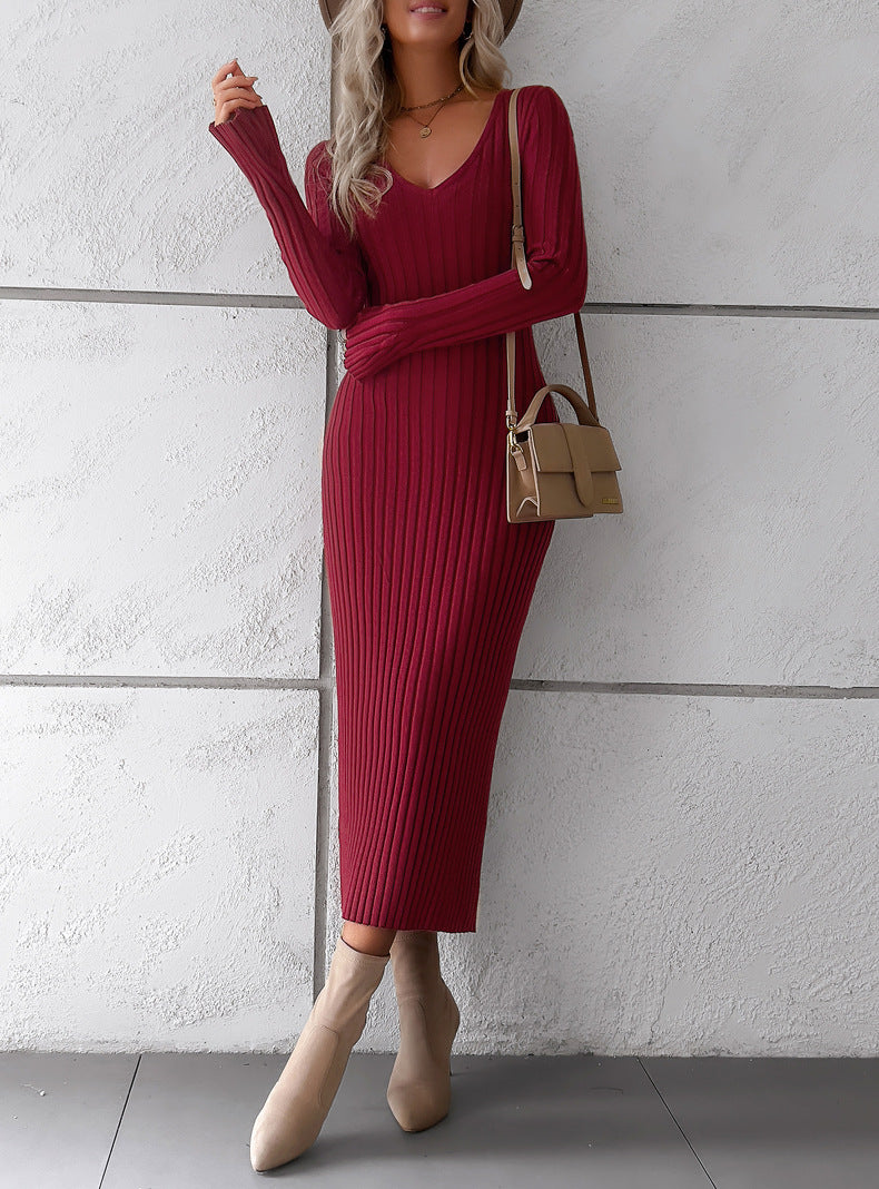 Women Casual V Neck Knit Sweater Dresses