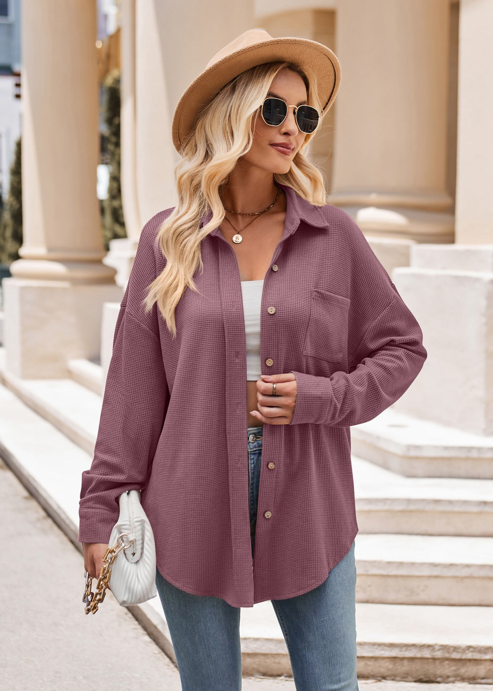 Women's Cross border Casual Loose Pocket Waffle Fashion Shirt Jacket Oversized