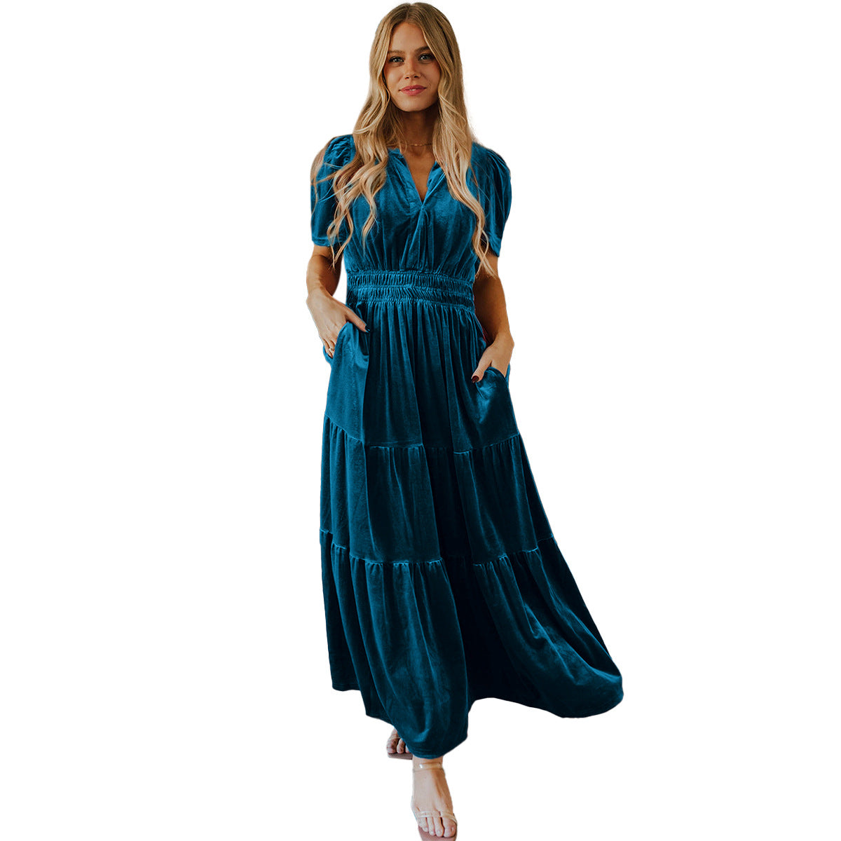 Women Short Sleeve Shirred Waist Tiered Maxi Dress